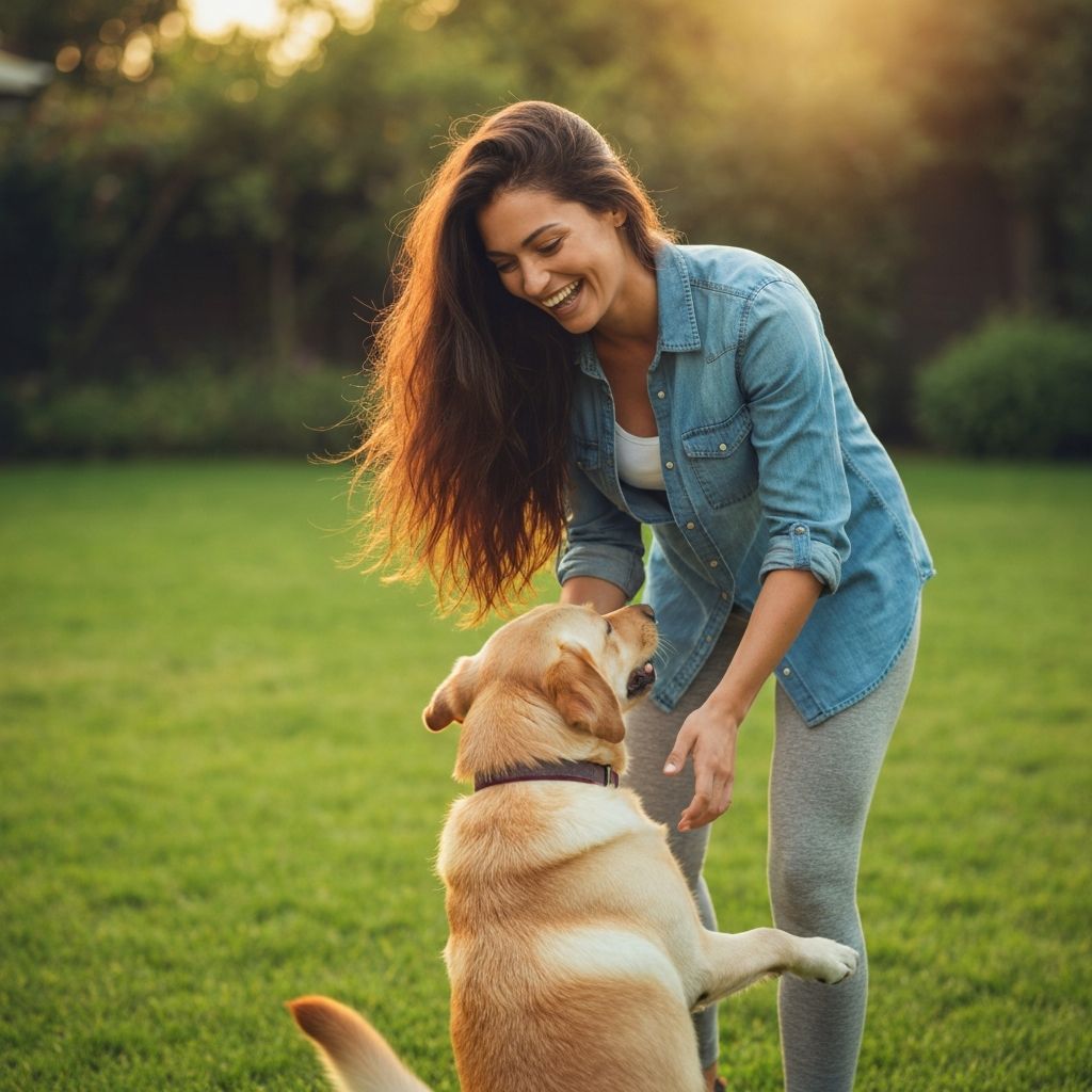 Happy dog owner with their pet in a clean yard