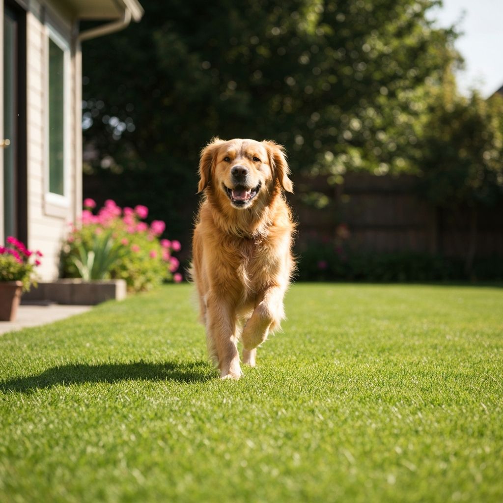 Happy dog in a clean, well-maintained yard